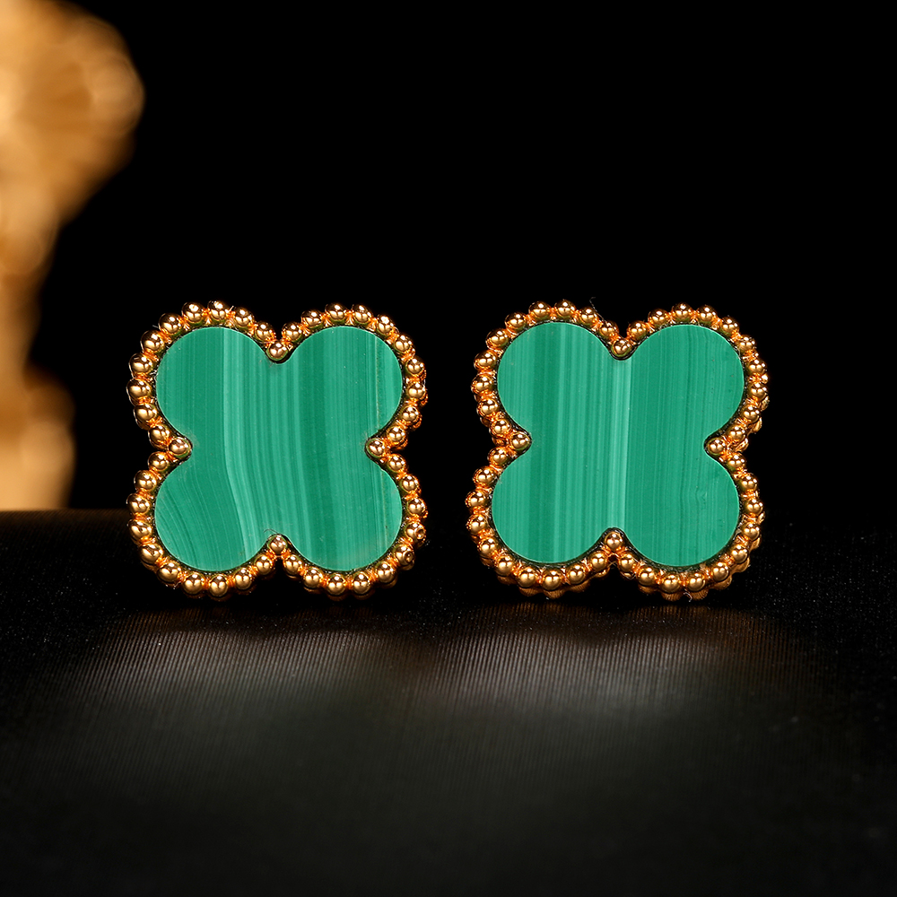 【柴柴】18k金孔雀石13mm四叶耳钉 百搭 气质