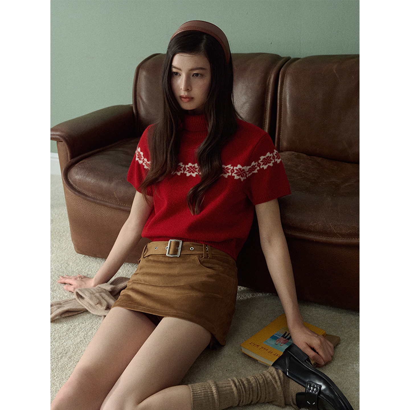 番茄妹妹Tomatosister 高领费尔岛针织衫女秋复古提花短袖毛衣