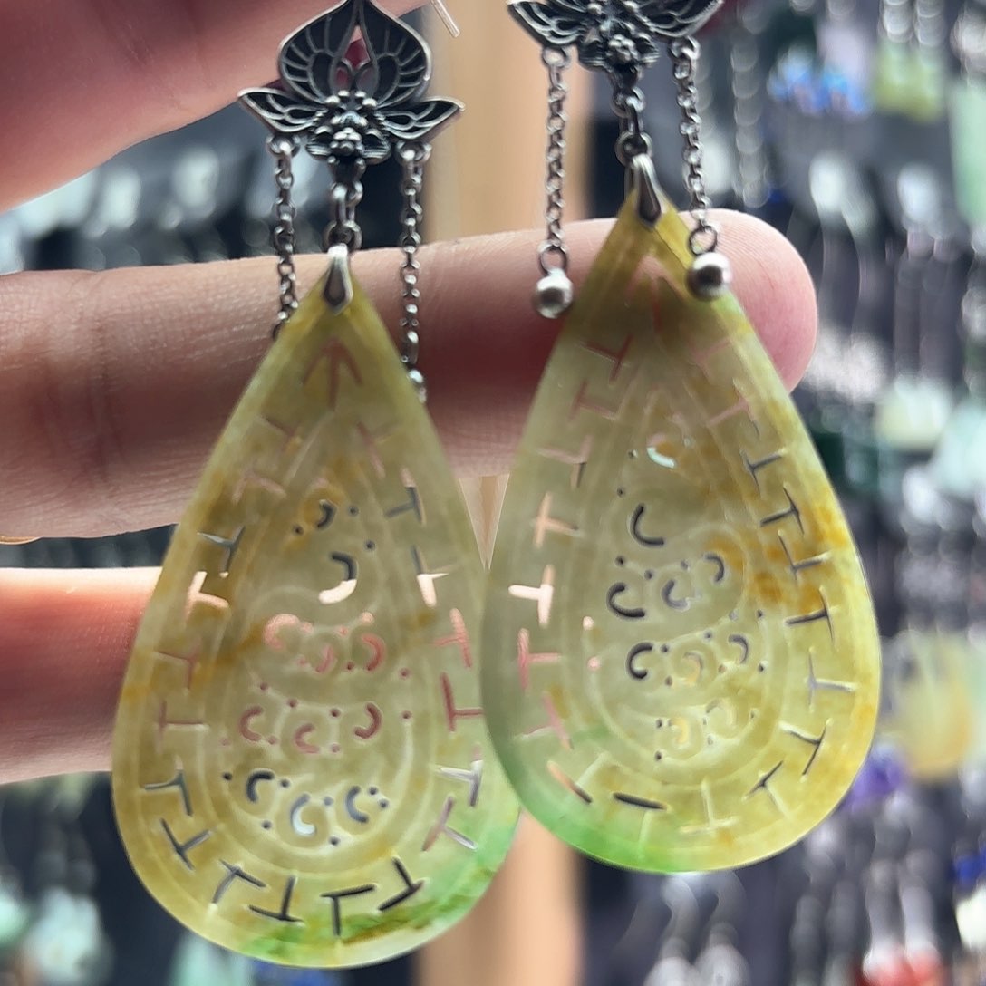 翡翠耳饰银S925镶嵌阳*