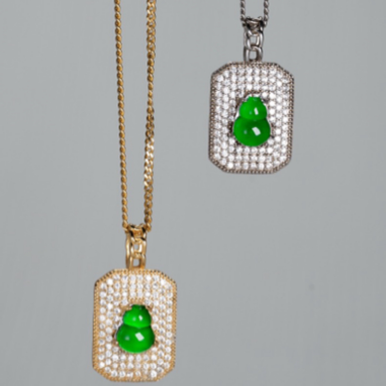 【元满】（银色）平安无事福禄牌项链冰种满绿翡翠葫芦国标S925银镶嵌