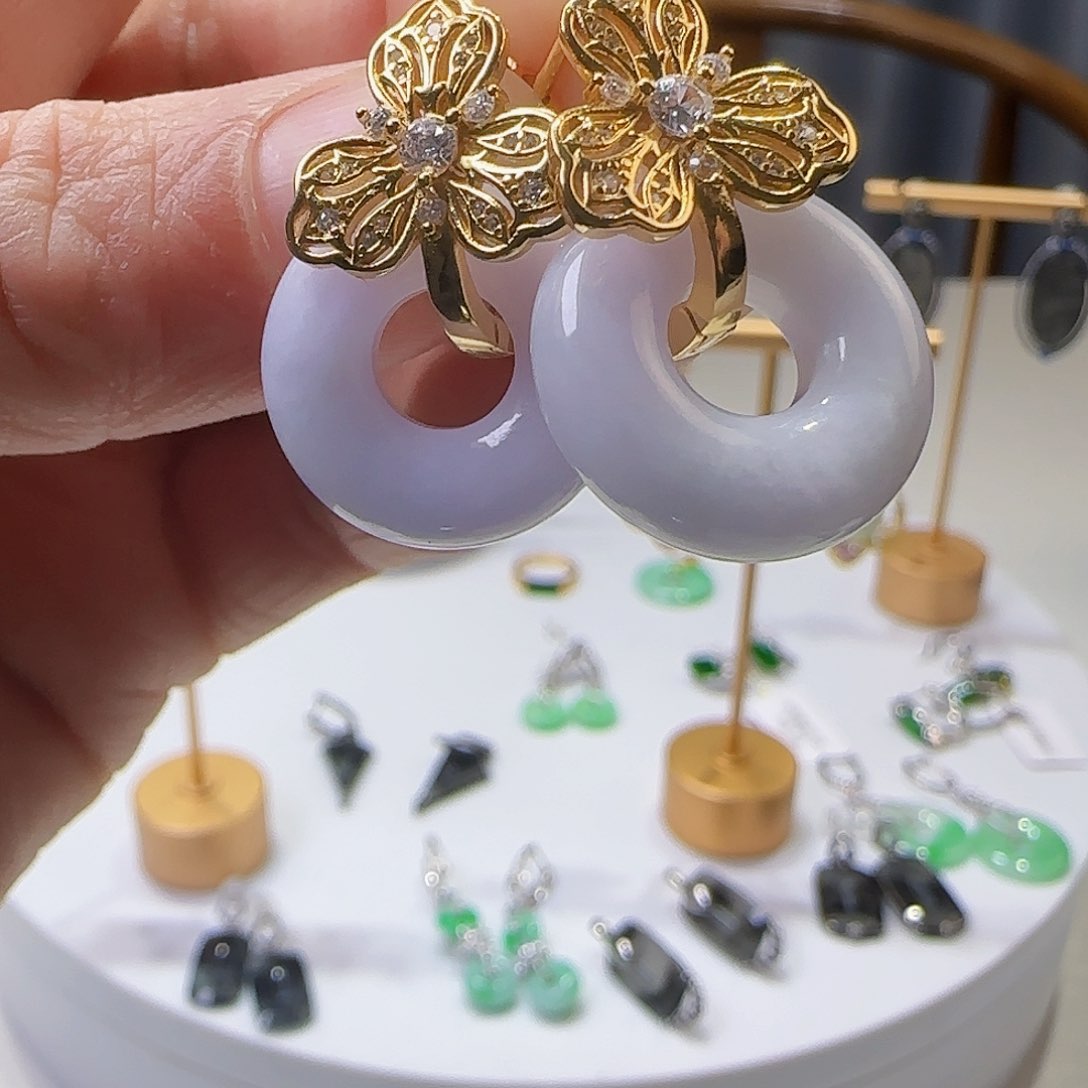 翡翠耳饰银S925镶嵌天然缅甸a货翡翠