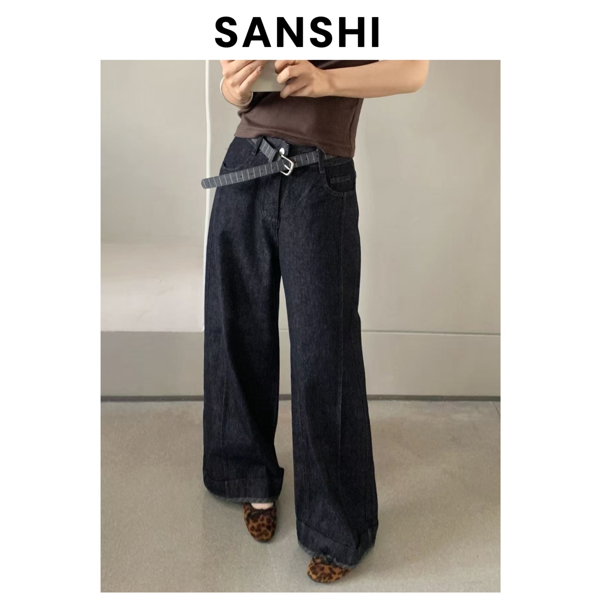 SANSHI【丹宁裤】秋冬复古丹宁风高腰直筒阔腿牛仔裤女 内里拉毛