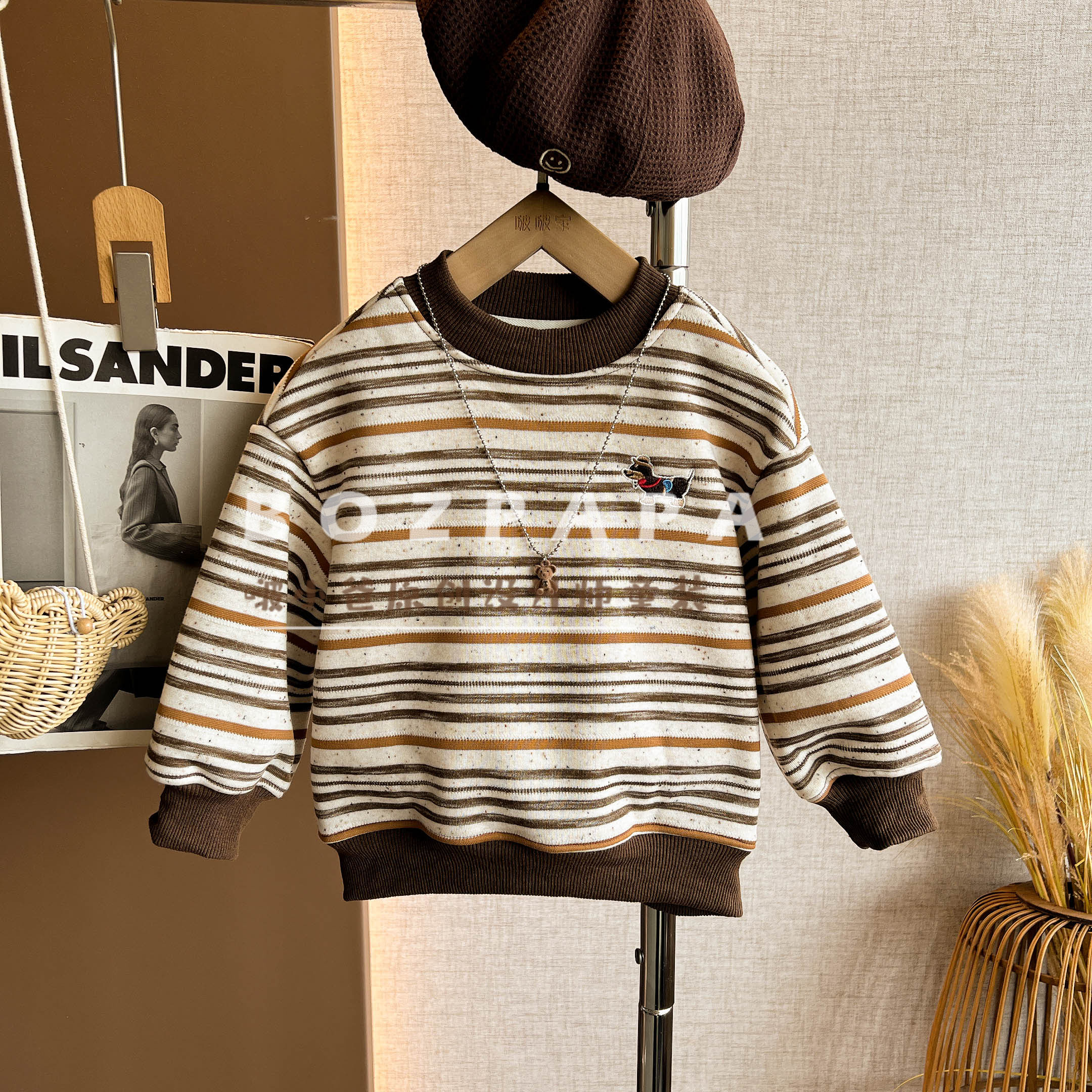 现货啵小爸【朗姆栗子】2025冬季新款男童百搭做旧感加绒条纹卫衣