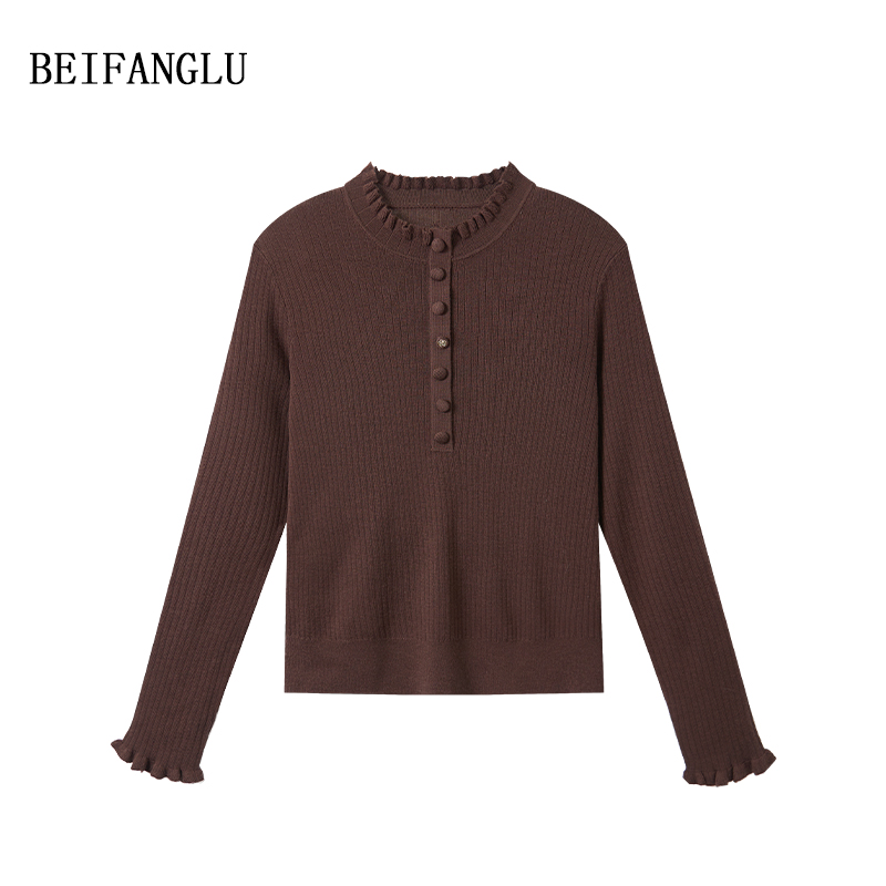 北方鹿【精纺100%绵羊毛】秋冬气质木耳边女士针织羊毛打底衫251430