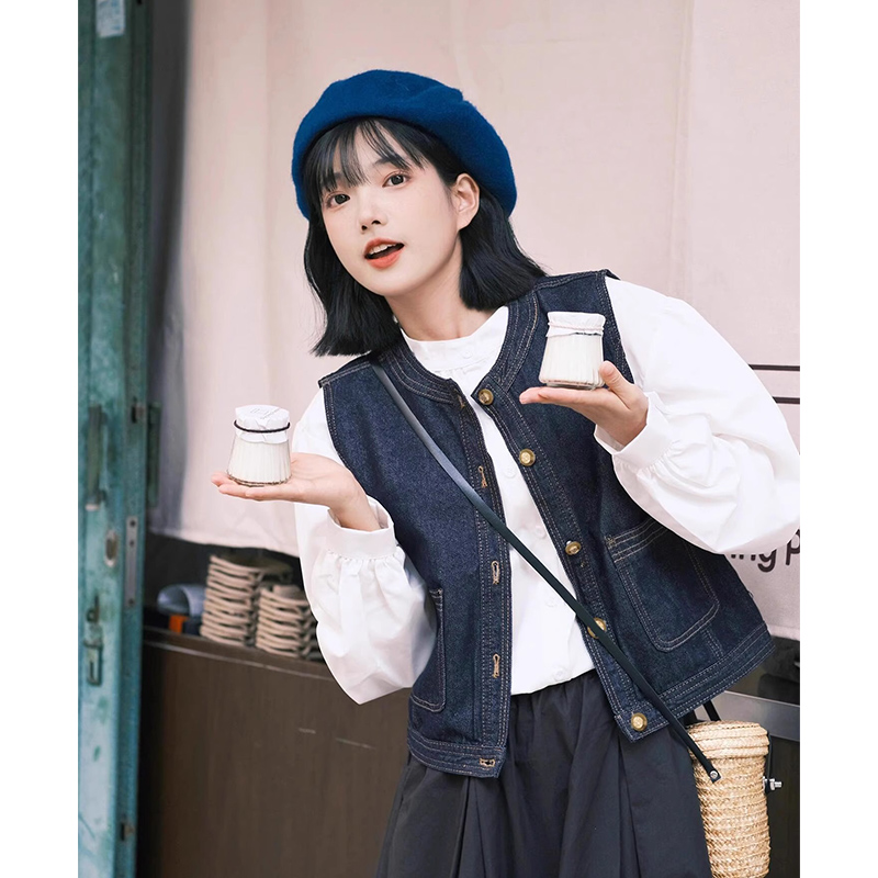 日系复古牛仔马甲女春秋新款叠穿背心外搭小个子设计感坎肩马夹女
