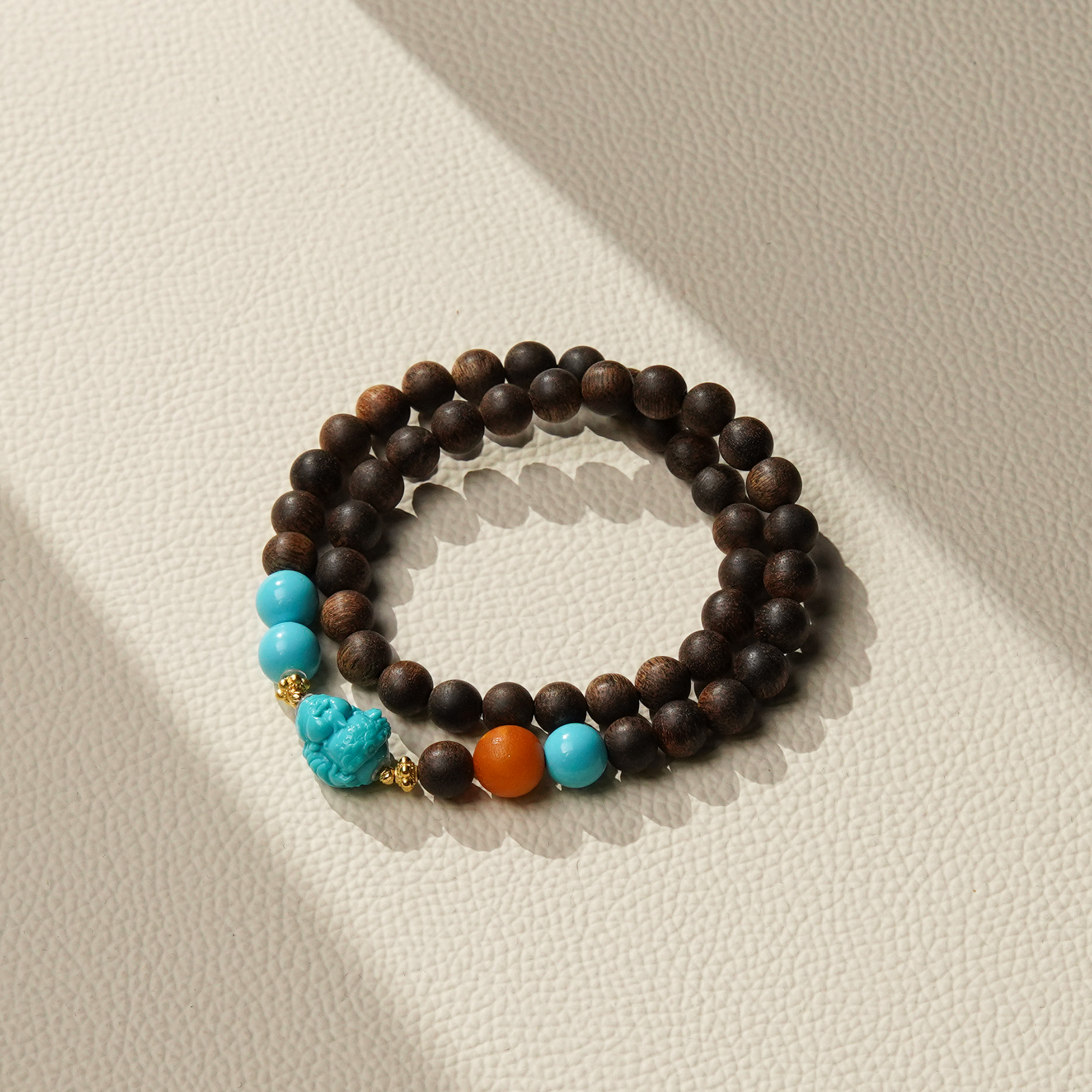 沉香富国岛倒架7m+DIY18k蜜蜡绿松雕刻财神手串双圈CX01052