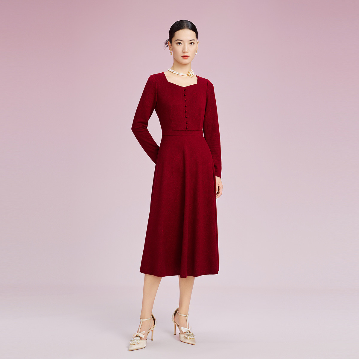 【晨粉专享价】初秋高级气质宴会气质通勤红长袖连衣裙春秋长款