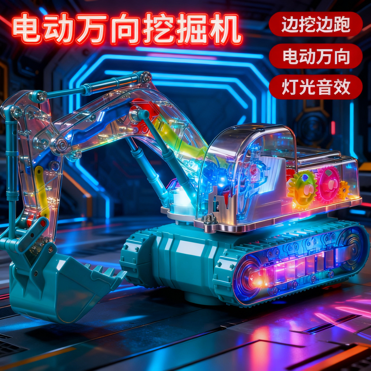 儿童电动挖掘机玩具男孩灯光音乐声光万向工程车有声跑灯玩具礼物