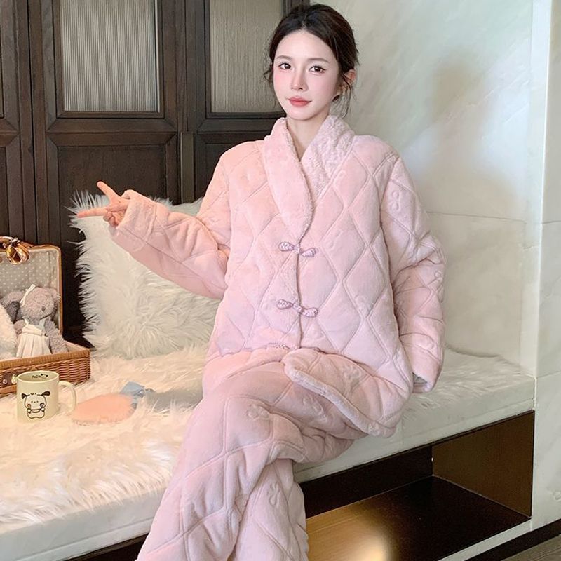 2025新款中式睡衣女冬季三层夹棉袄加绒加厚国风珊瑚绒家居服外穿