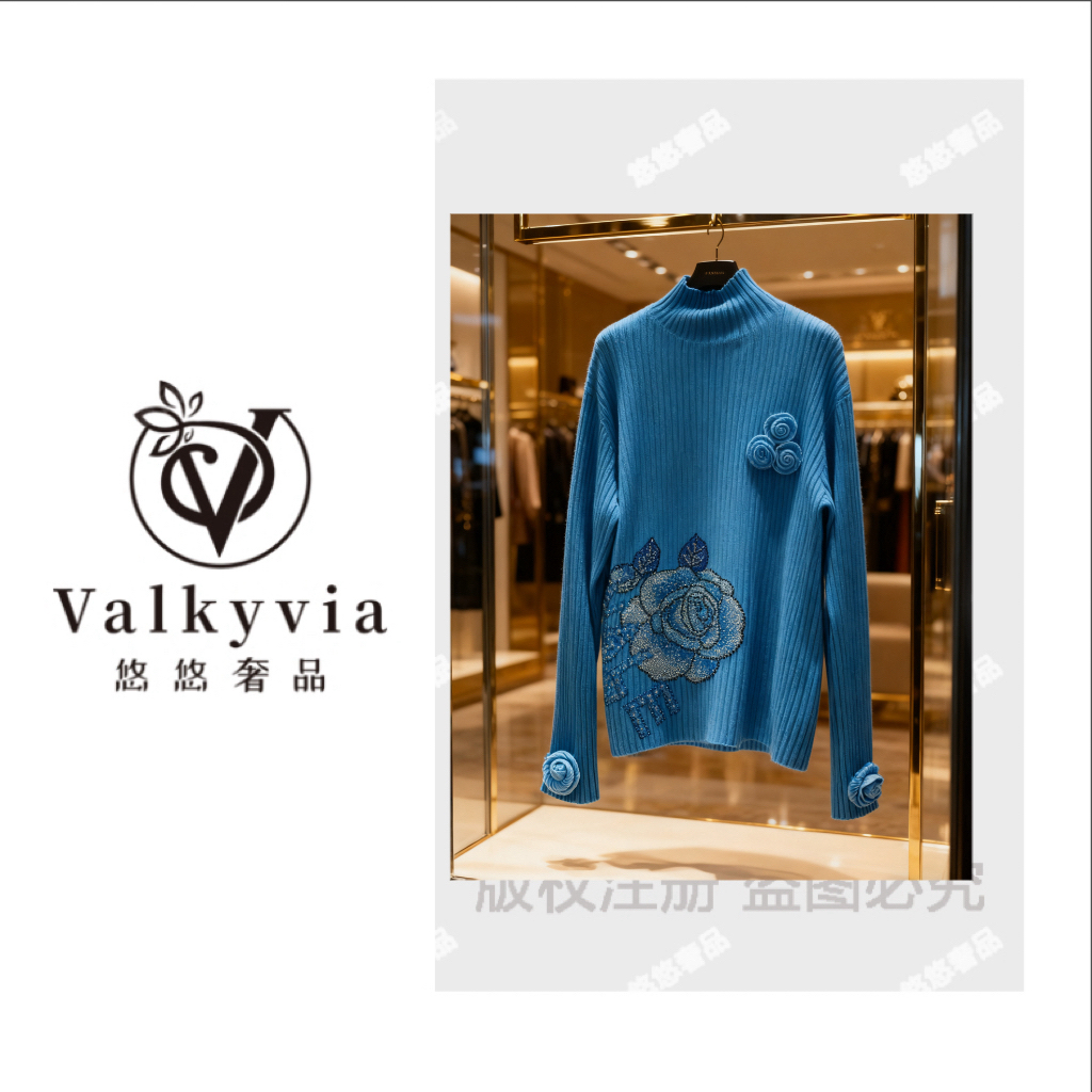 Valkyvia/悠悠奢品慵懒冬日氛围感玫瑰烫钻毛衣 M25406M