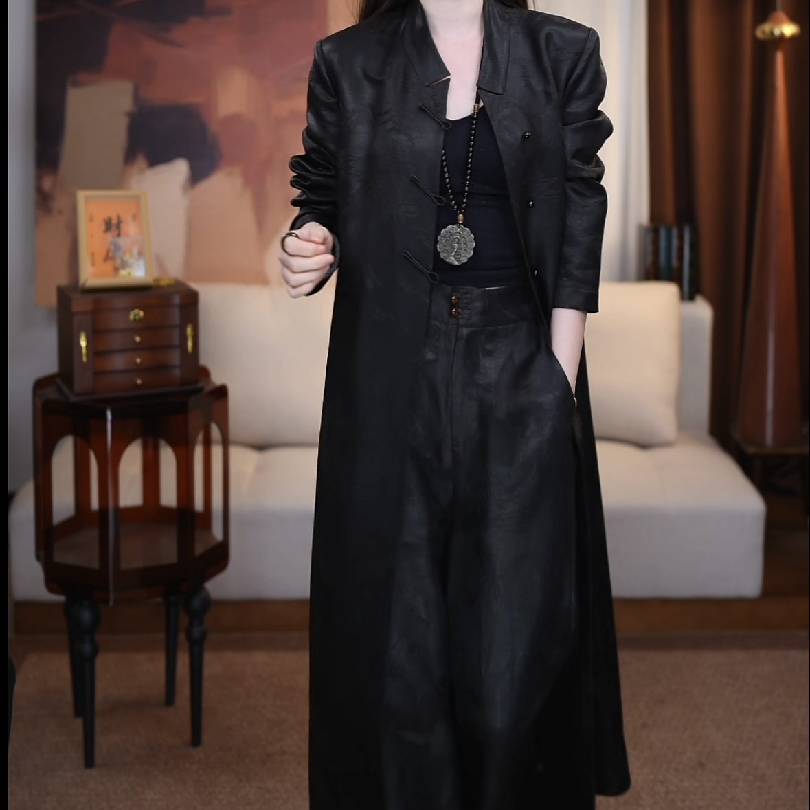 B【雨柔】长款复古气质新中式显瘦立提时尚减龄中长款风衣