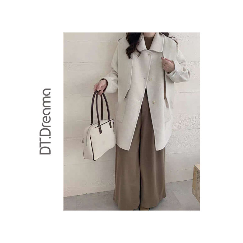 秋冬高级感韩版两种穿法系带帽子双面大衣毛呢中长款女休闲时尚