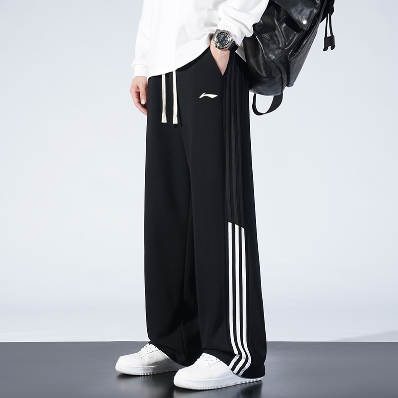 李i宁长裤男秋冬季条纹直筒卫裤青少年学生加绒加厚运动休闲裤子