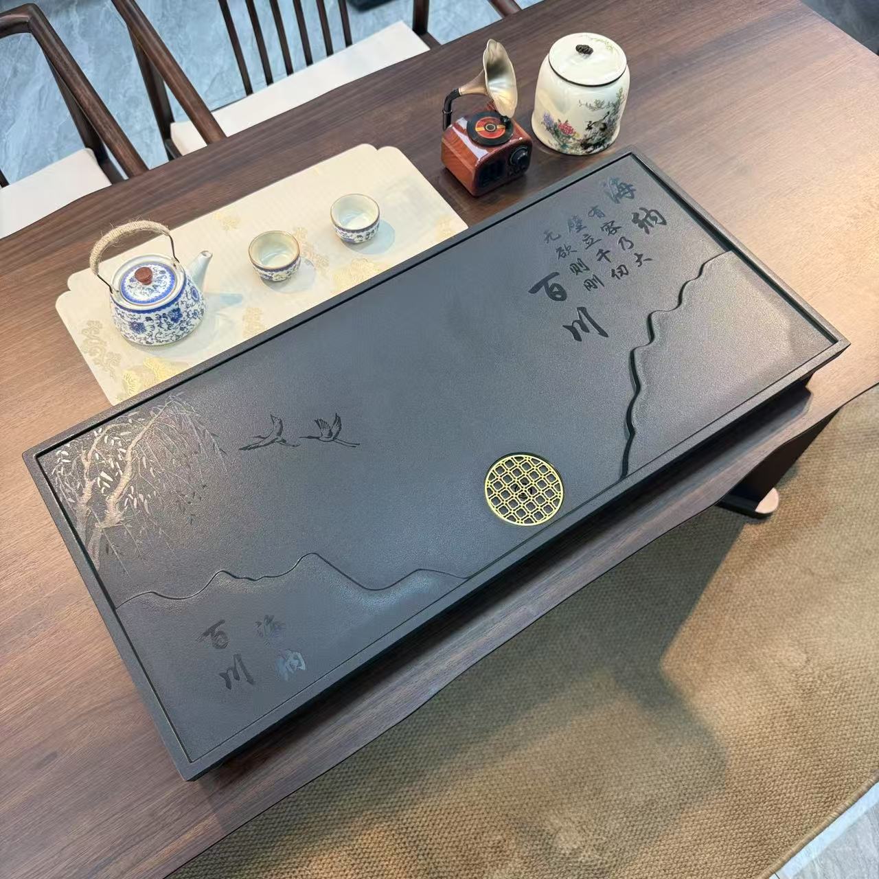 【海纳百川】新款乌金石茶盘干湿分离激光雕刻家用办公阳台客厅茶台