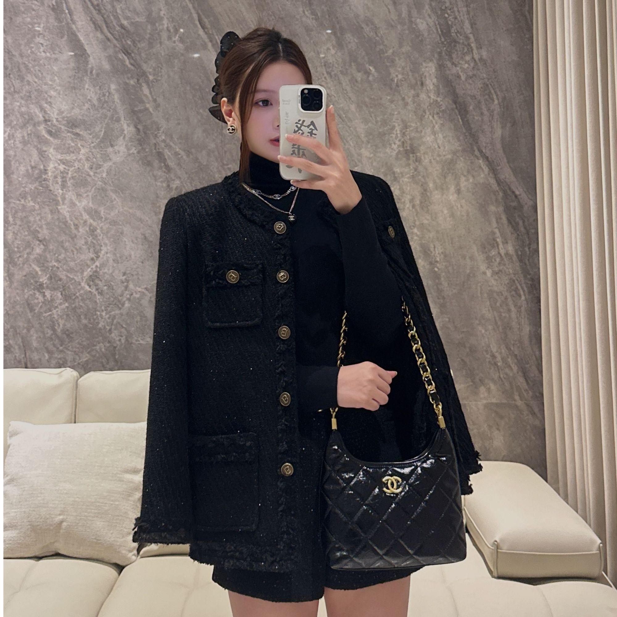 【2025升级款】满天星细闪~秋冬粗花呢高级感小香风中长款羽绒外套