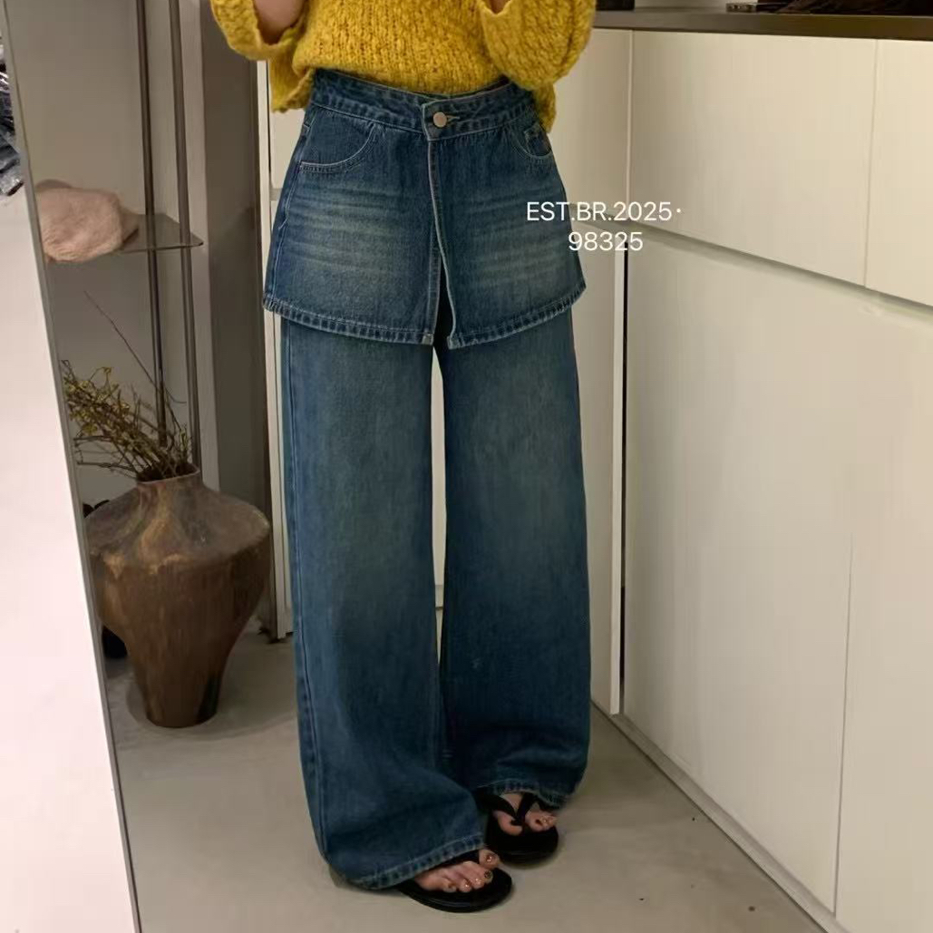 韩系高腰两穿可拆卸屁帘直筒长裤女高品质显瘦复古宽松阔腿牛仔裤