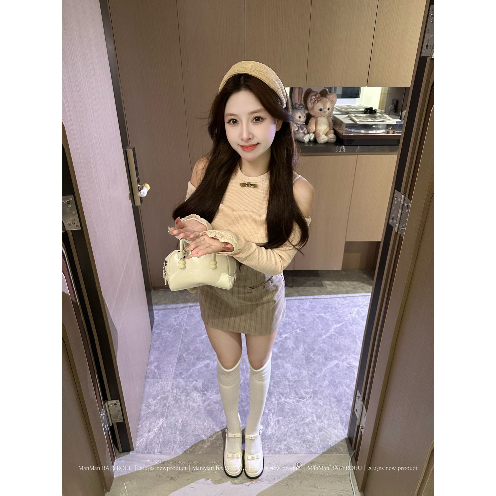 温与柔蔓蔓【现货】【报社奈奈】早秋日系露肩针织上衣收腰半裙套装