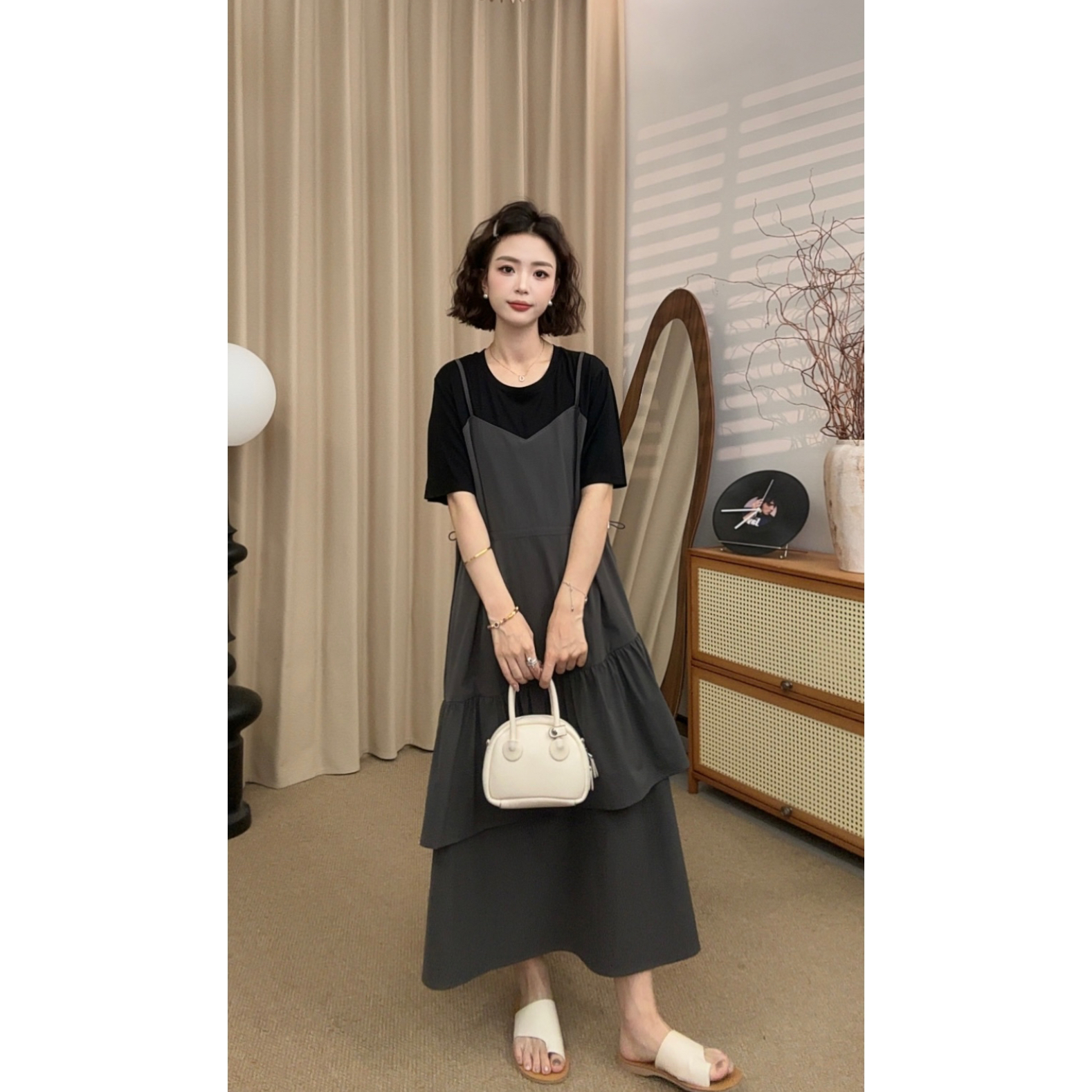 【张小九】假两件荷叶边拼接设计收腰显瘦短袖百搭连衣裙Z1950