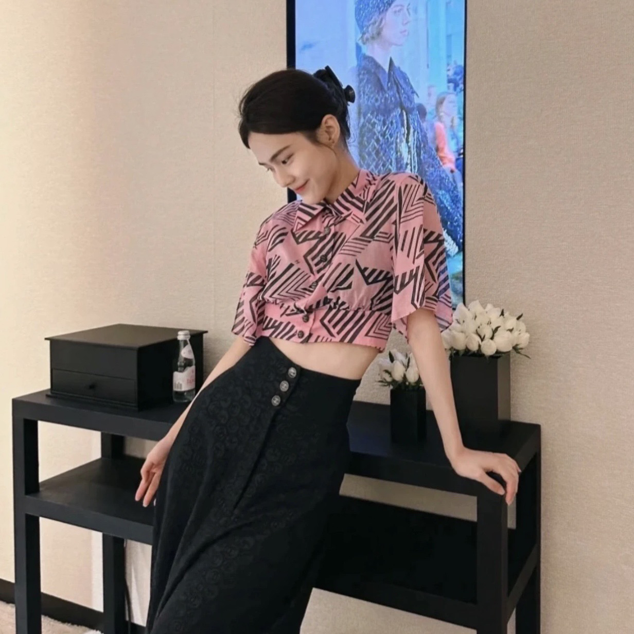 99新 Chanel/香奈儿 ss283/23C粉色彗星印花短袖薄款衬衫 34码 棉