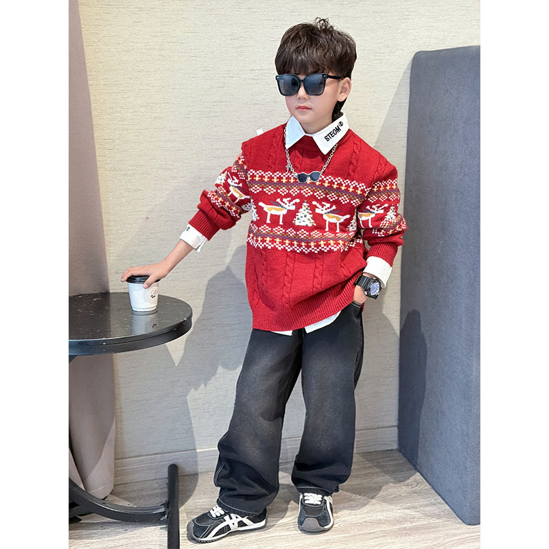 男童简约圣诞小鹿提花红色圆领针织衫中大童保暖套头长袖年服毛衣