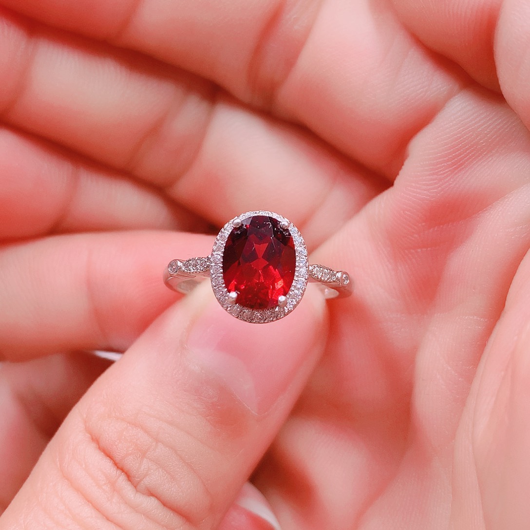 石榴石戒指银S925镶嵌7✖️9