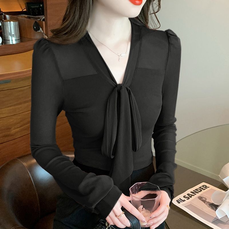 V领纱网长袖女式亮片修身打底黑色T恤打底衫洋气系带修身小众百搭