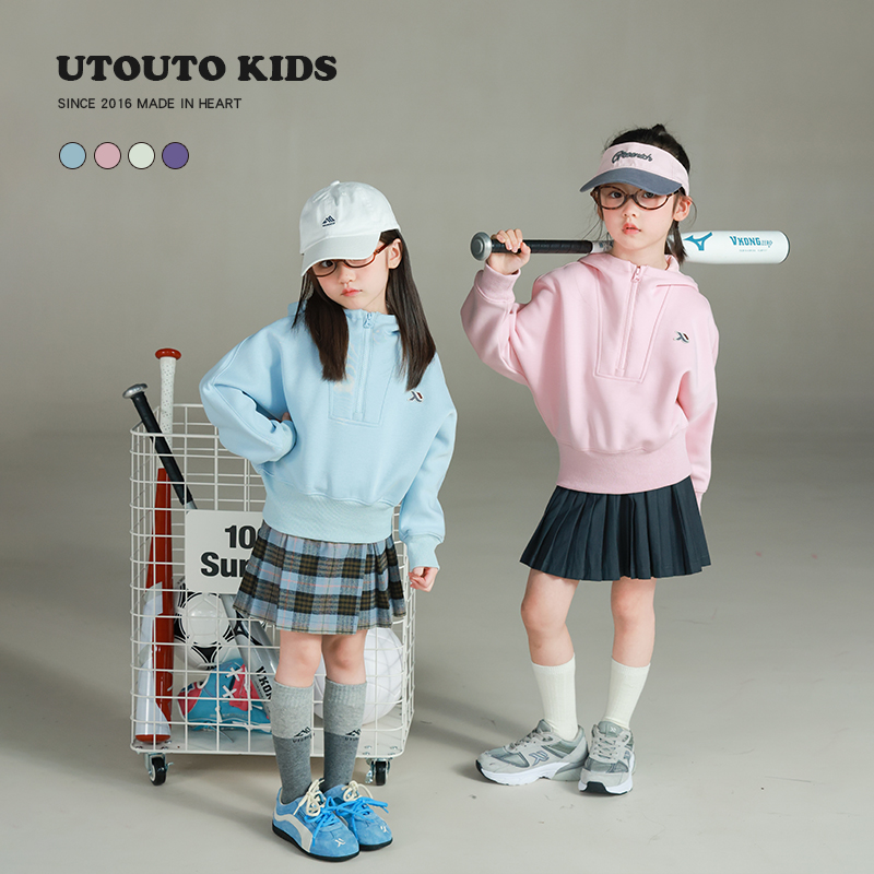 utouto大耳象女童绣标连帽卫衣2025秋季新款休闲套头上衣2501464