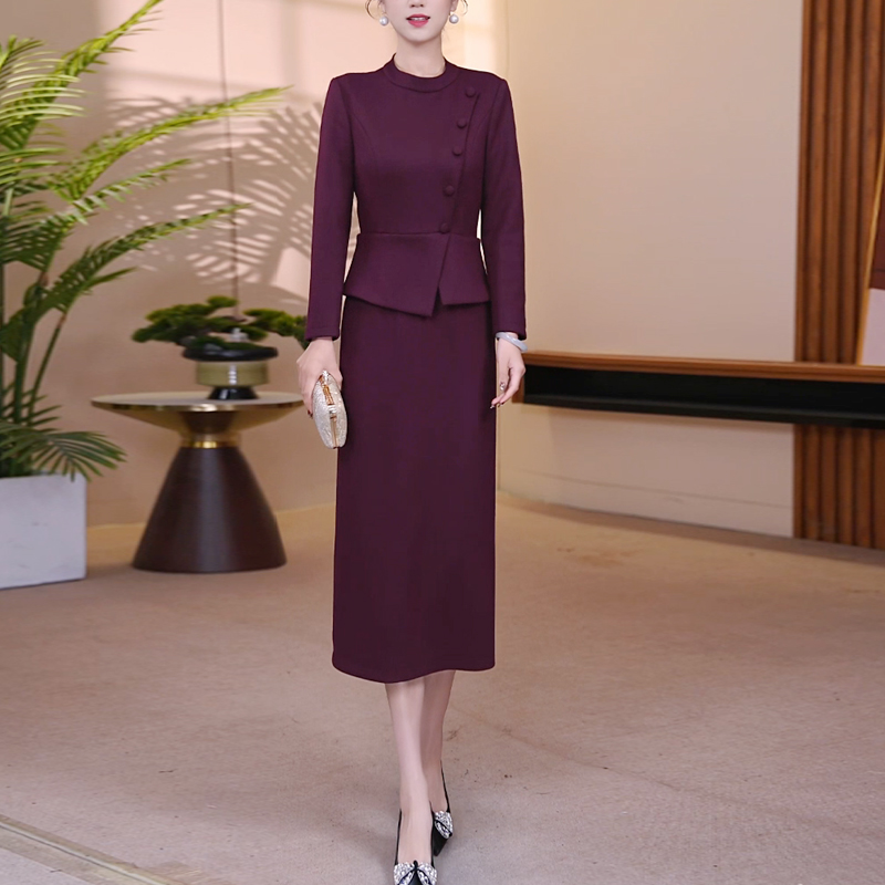 冬季羊毛裙玛莎紫立领显瘦假两件连衣裙长裙优雅气质收腰25160