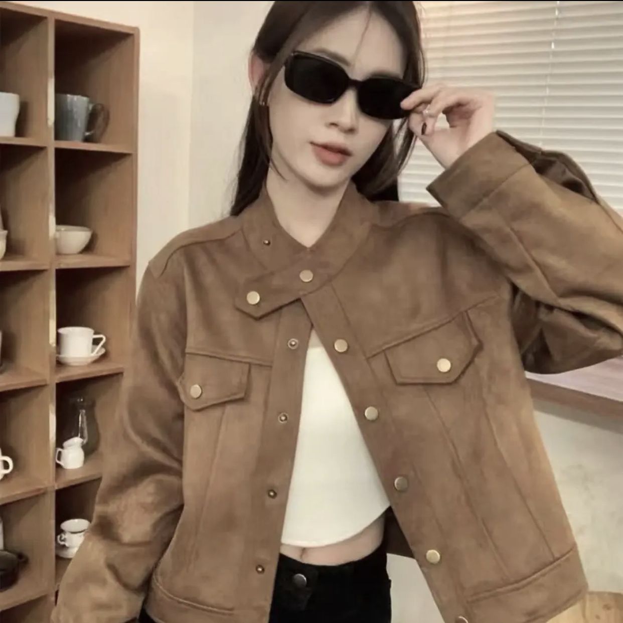 美拉德磨毛秋冬新款复古宽松休闲百搭设计感短款外套小个子上衣