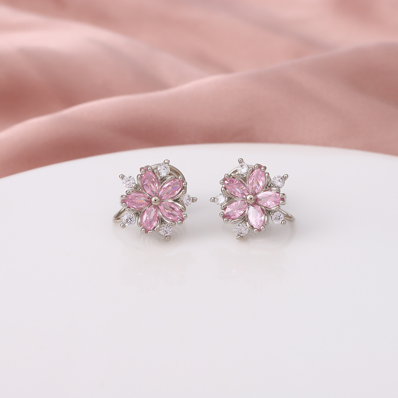 铜合金耳饰 【无耳洞耳夹】蚊香盘耳夹粉色花花锆石耳饰清新时尚