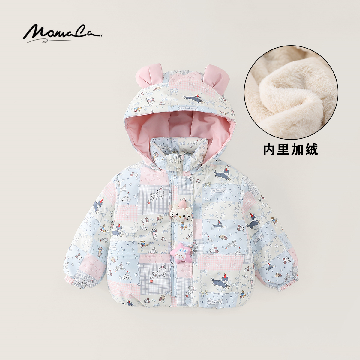 MOMOCO冬季女童甜美连帽满印小猫咪可爱棉服外套77830101037