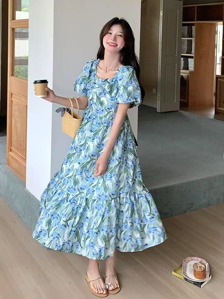 【曲奇COOKY专属】法式轻奢蓝色方领泡泡袖连衣裙夏季松弛独特长裙