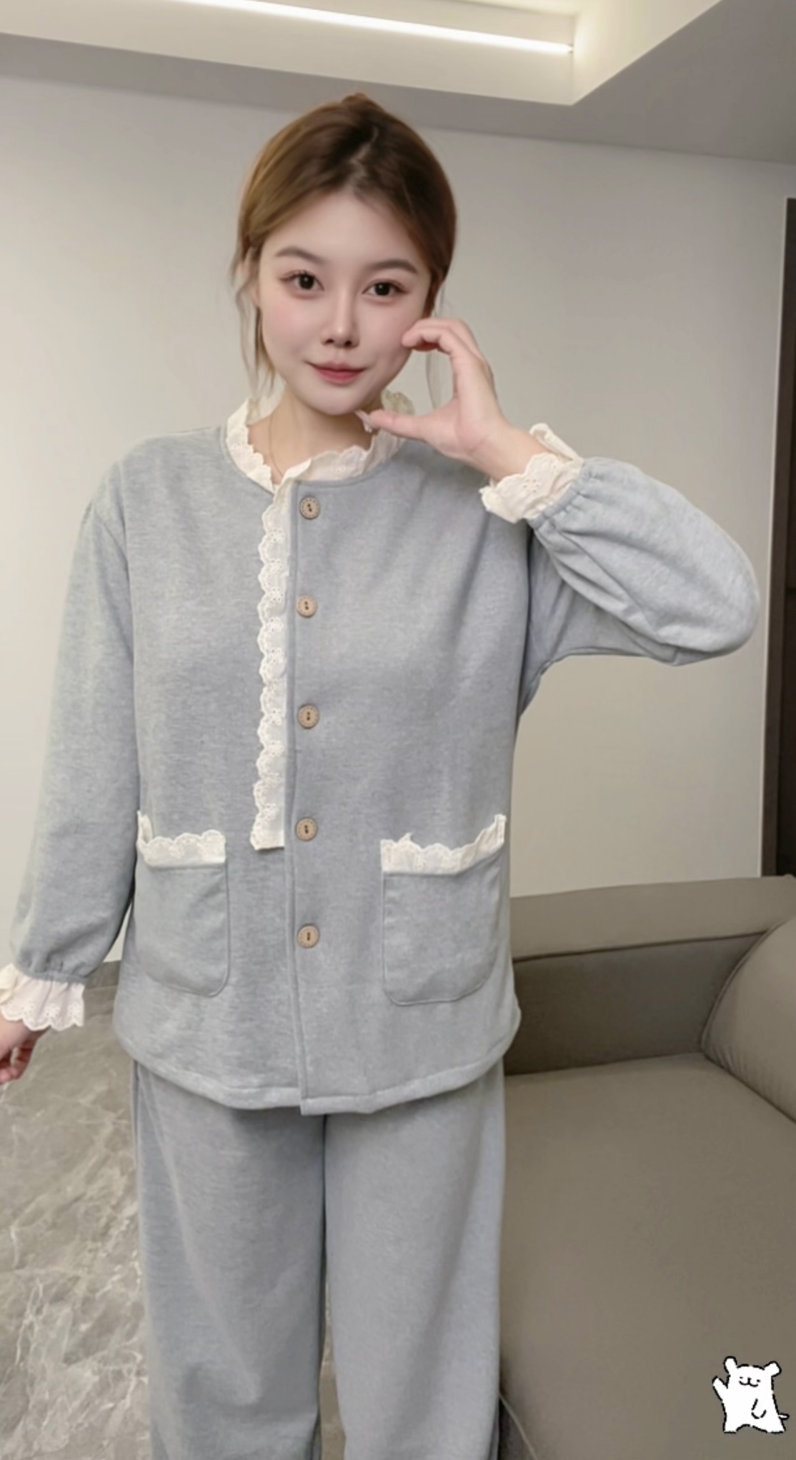 冬季新款羊绒带胸垫加厚花边领可外穿女士睡衣家居服套装长袖休闲