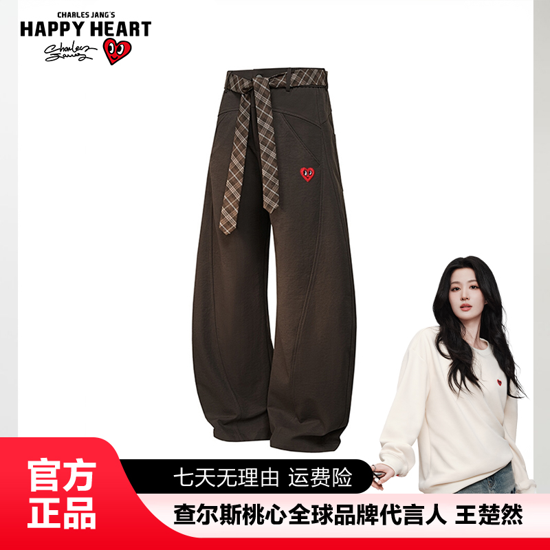 查尔斯桃心美式弯刀加绒加厚休闲裤男女冬季宽松情侣直筒长裤子潮