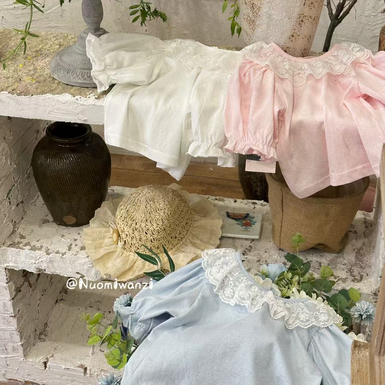 AMX-2081-儿童法式洋气百搭重工领子蕾丝边短袖T恤（夏款）