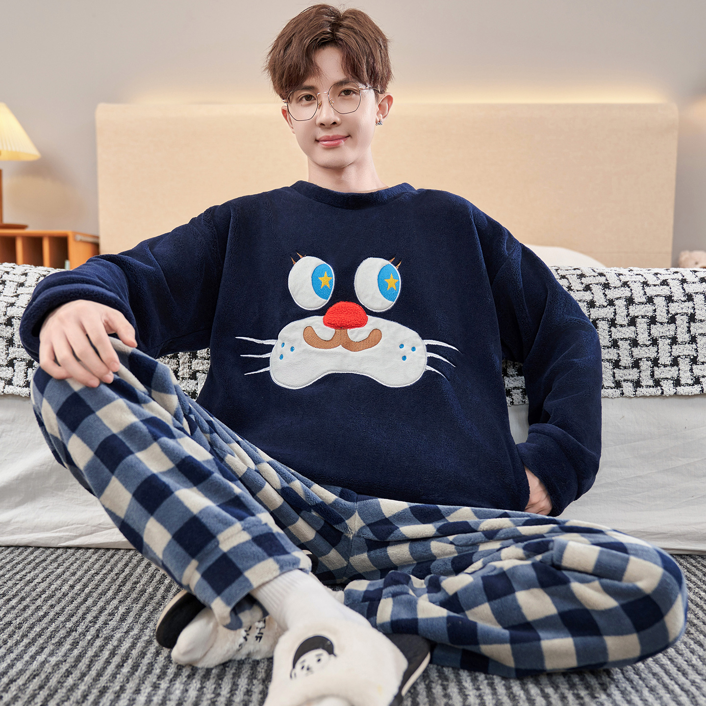 睡衣男秋冬季珊瑚绒加绒加厚大码青少年学生法兰绒冬款家居服套装