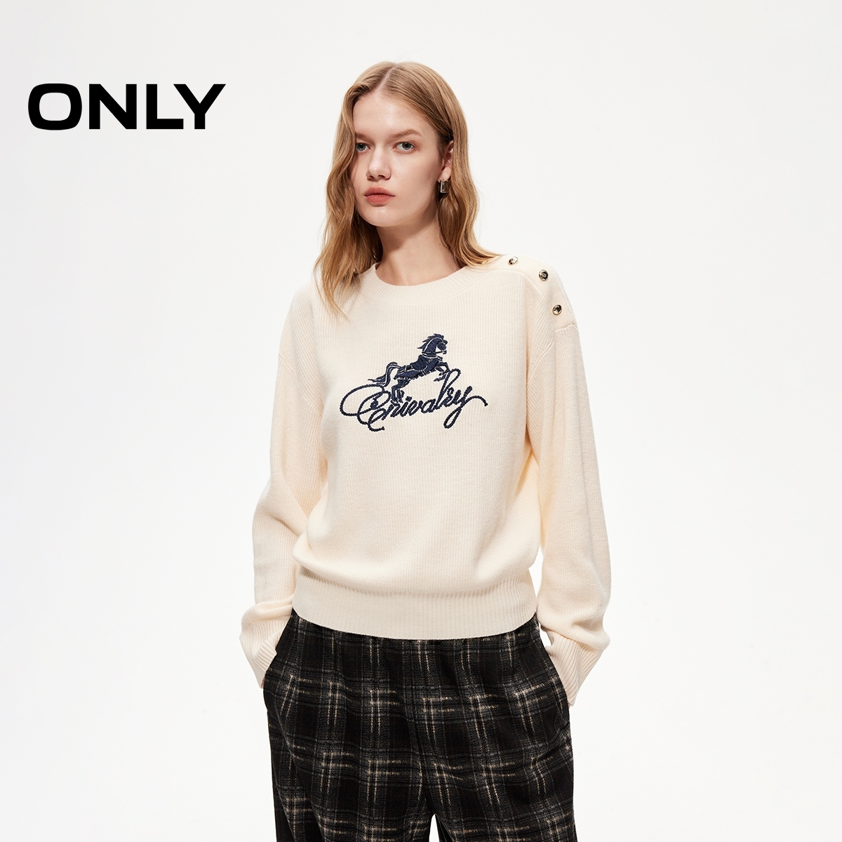 ONLY2026春季新款落肩纽扣装饰刺绣微宽松复古针织衫女|126113019