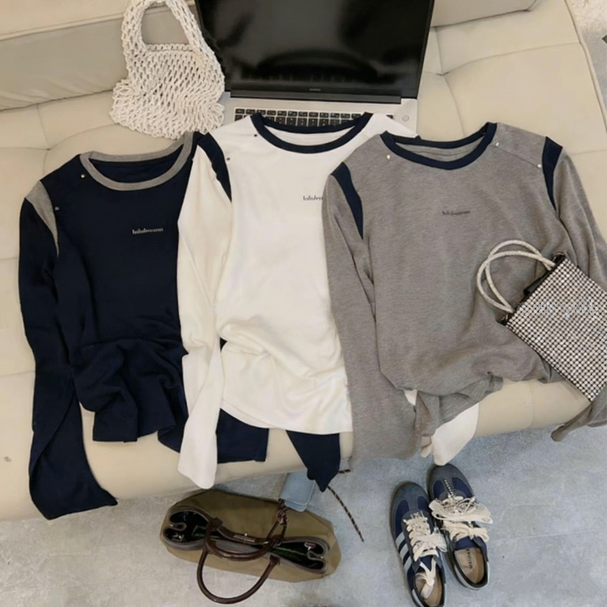 【早秋公式】秋季新款小众撞色设计感圆领长袖t恤女显瘦打底衫上衣