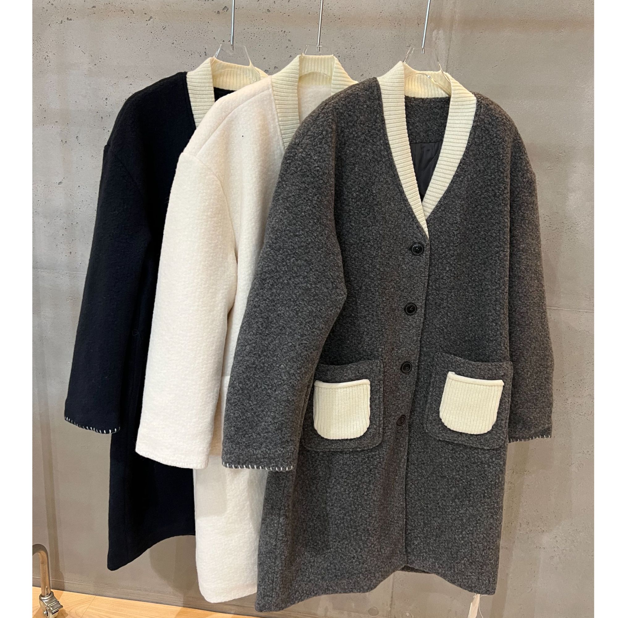 【DYMMXYMM】--夹棉款针织V领口袋长袖羊毛呢料大衣-5FW-W250960