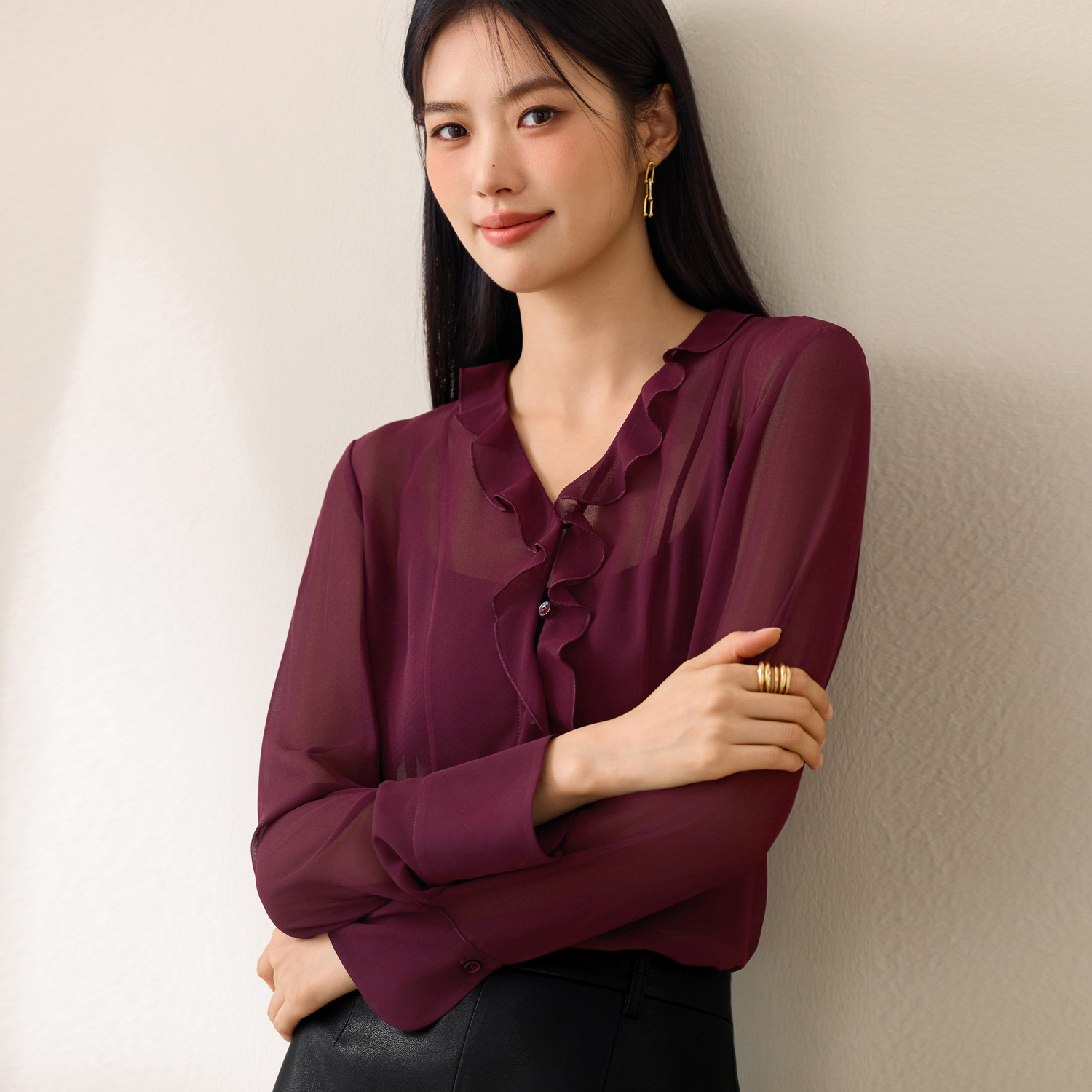 伊芙丽v领袖口微喇设计衬衫女2025秋新款气质通勤荷叶边1G9922611