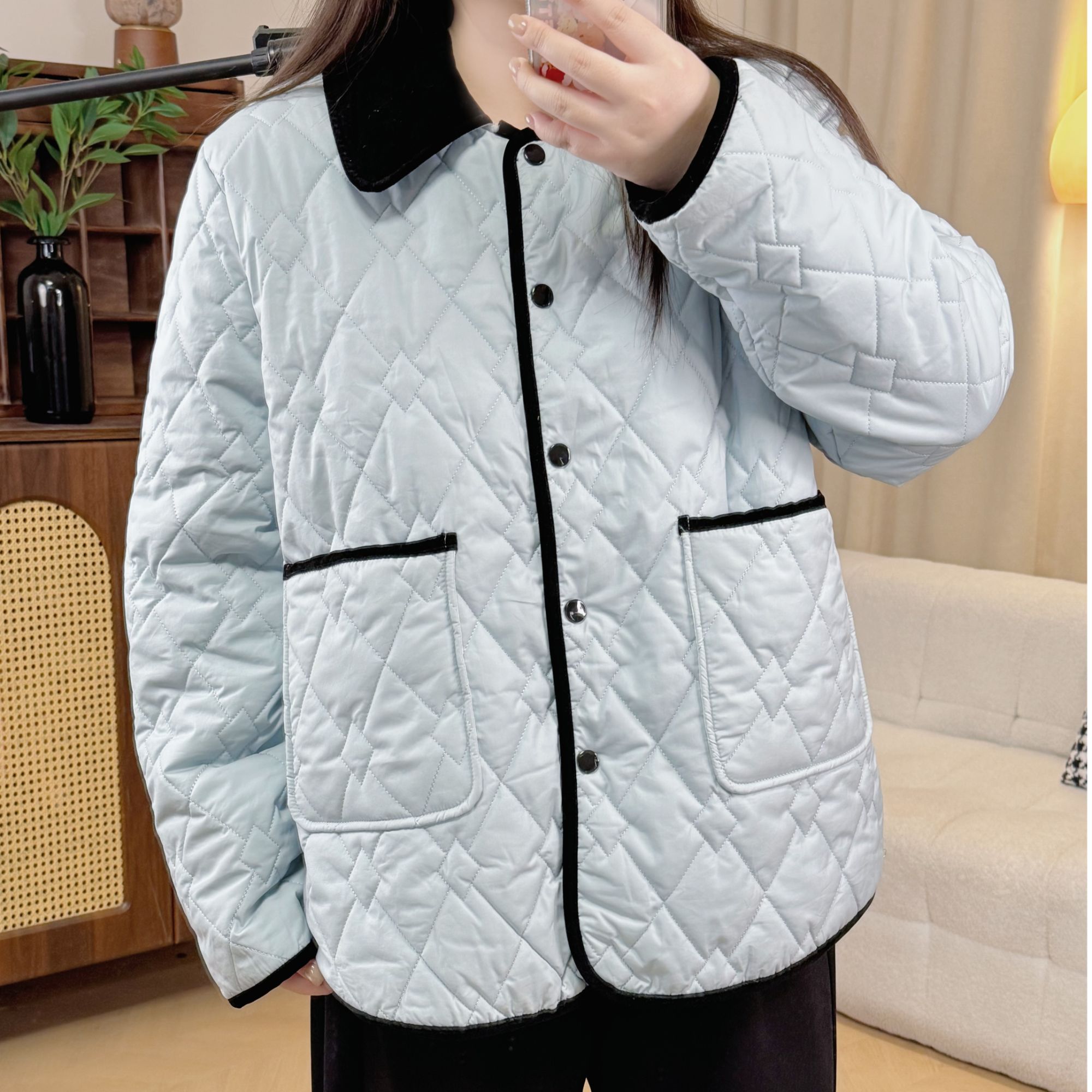 冬季新款蓝色减龄学院风棉服翻领菱格百搭正肩显瘦遮肉大码女装