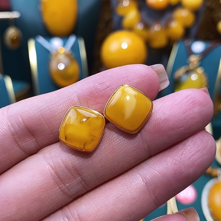 蜜蜡耳饰银S925镀金镶嵌