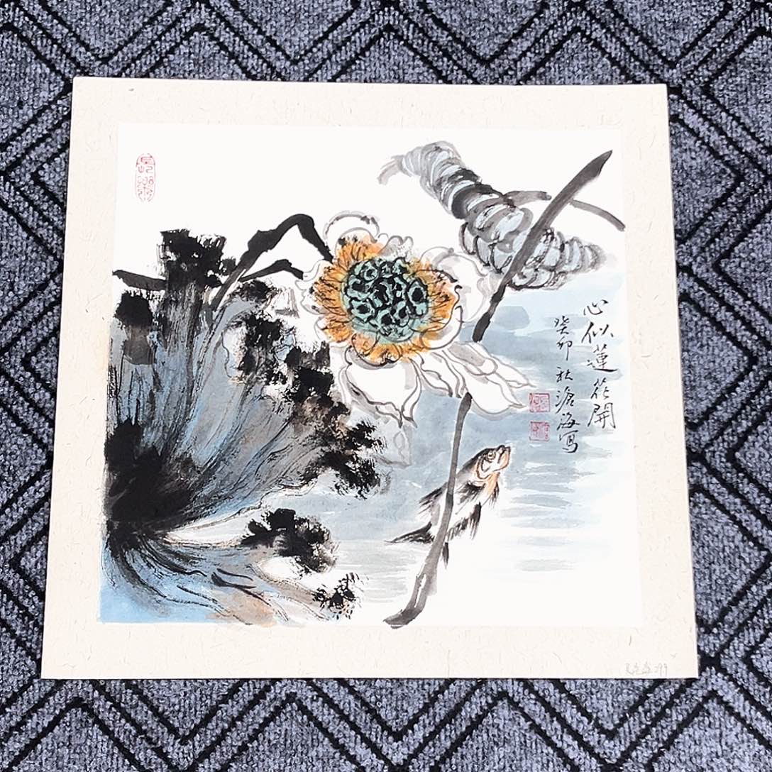 国画吴沧海老师三尺斗方卡纸花鸟作品旭