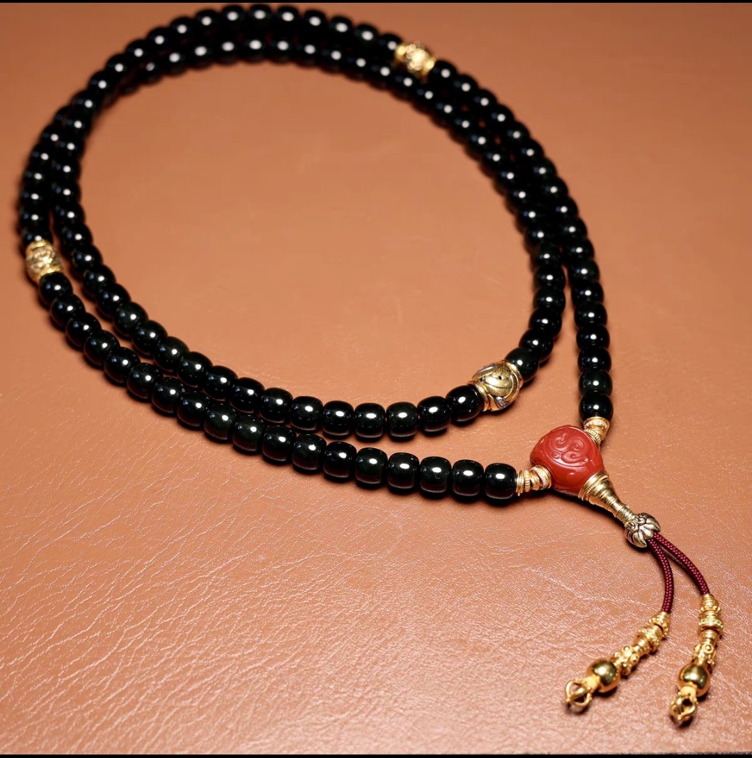 秋会长的和田玉新疆天然黑青108老型珠6x7mm佛珠念珠藏传