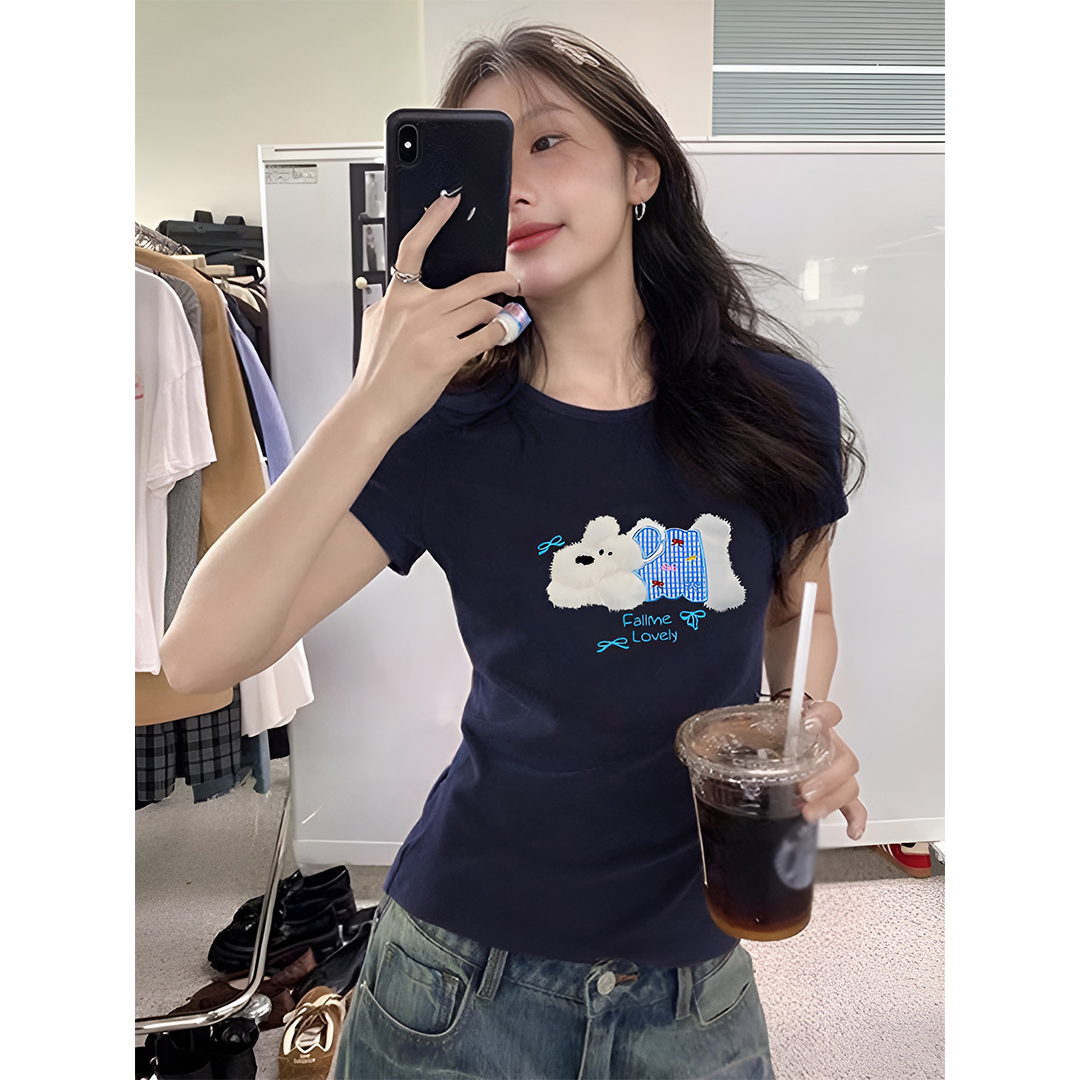 韩版正肩短袖t恤女夏季设计感卡通小狗印花修身显瘦百搭上衣