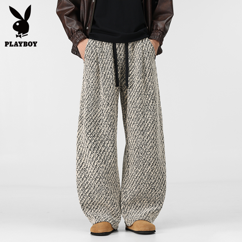 花花公子秋冬美式休闲裤男士斜条纹针织长裤2025新款百搭宽松男裤