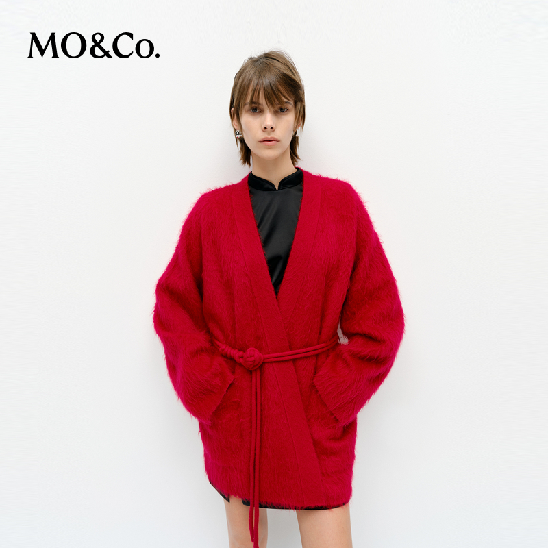 MOCO毛衣外套2025春新品新中式盘扣腰带含绵羊毛马海毛MBE1CAR022