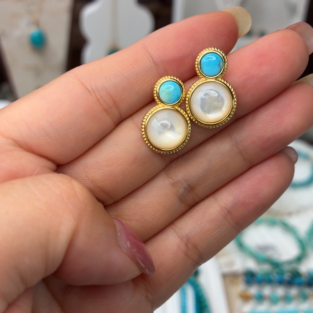 银S925镀金镶嵌绿松石耳饰