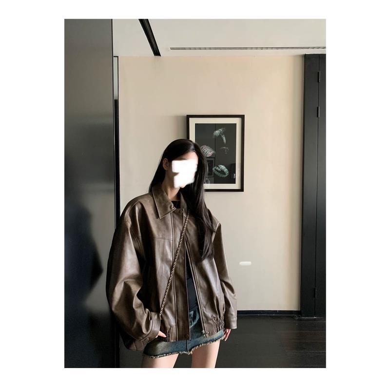 秋季新款机车水洗咖色PU夹克女春宽松显瘦美式皮衣外套潮AM25898