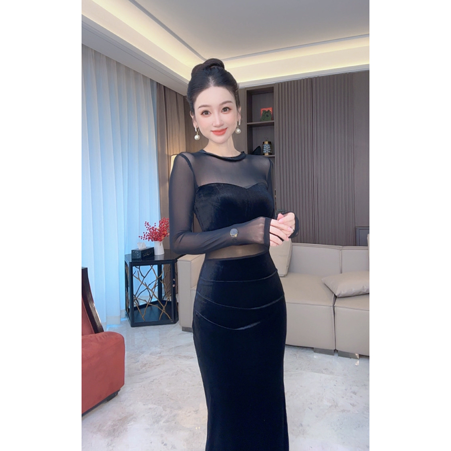 【小茵家】早秋气质修身透视网布拼接性感露腰女神款长袖内搭连衣裙